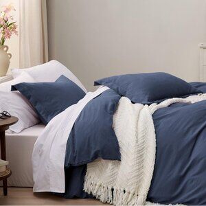Bedsure Navy Blue Duvet Cover w/ Zipper + 2 Pillow Shams Set | Queen 90x90